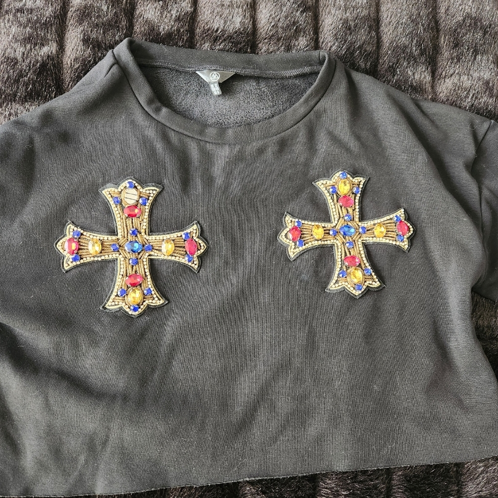 Embellished Black Crop Top with Cross Design